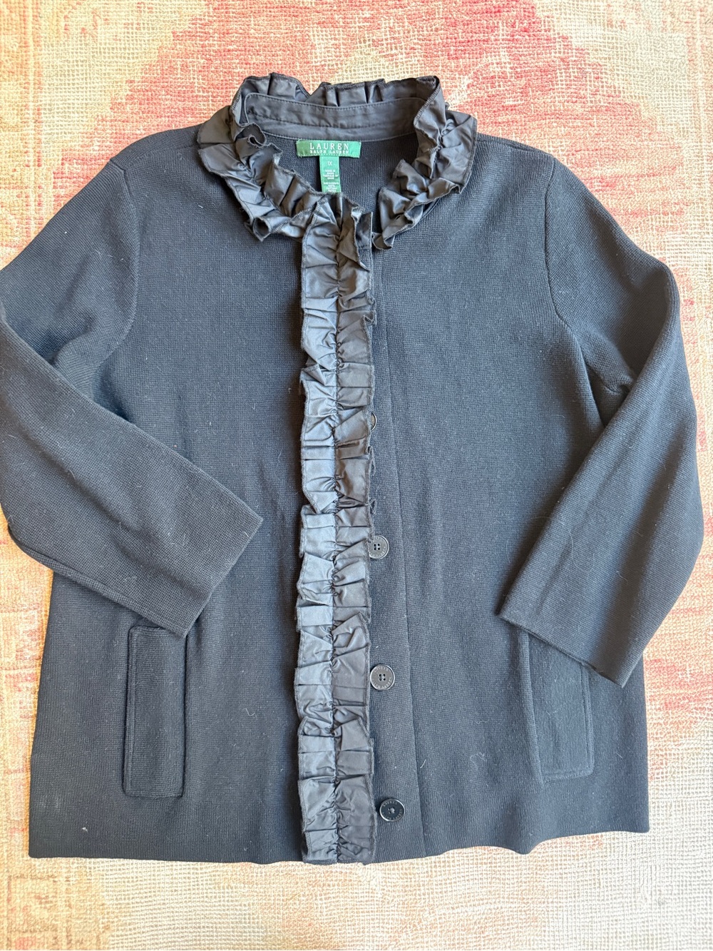 Ralph Lauren Black Ruffle-Trim Cardigan Sweater
